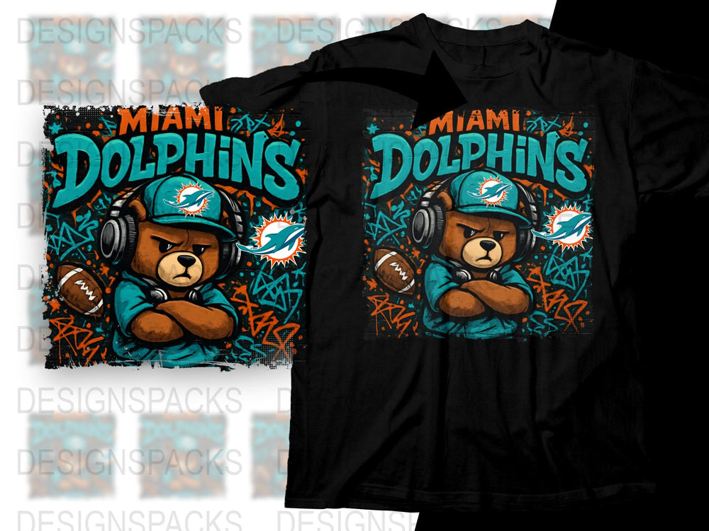 Miami Dolphins T-Shirt, Cool Bear With Headphones Graphic, Sports Fan Apparel, NFL Team Colors Tee