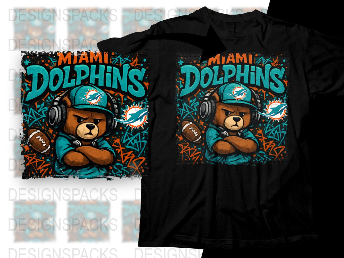 Miami Dolphins T-Shirt, Cool Bear With Headphones Graphic, Sports Fan Apparel, NFL Team Colors Tee