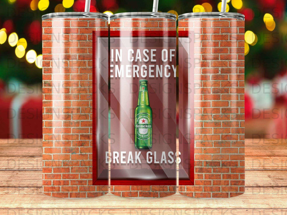 Heineken "In Case of Emergency Break Glass" sign in a brick frame.