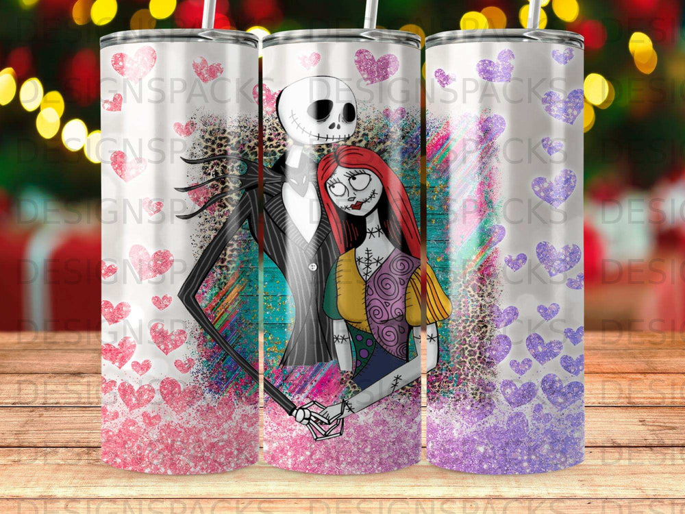 Jack and Sally holding hands against a pink and purple glitter background.