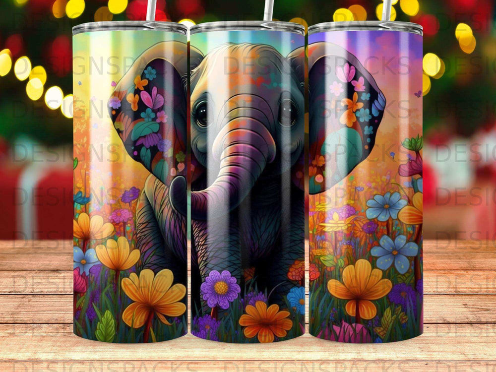 Close-up of a colorful elephant amidst vibrant floral patterns.