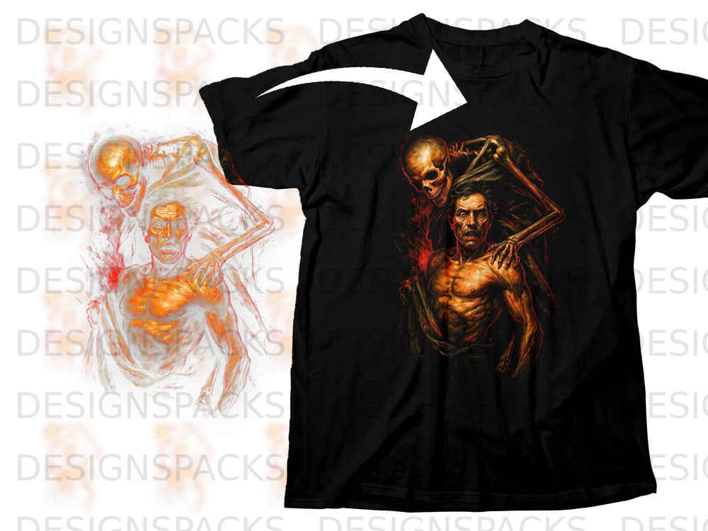 Black t-shirt with skeletal figures and a distressed man graphic.