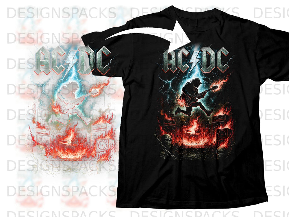 Black t-shirt featuring AC/DC logo with guitarist jumping over flaming amplifiers.