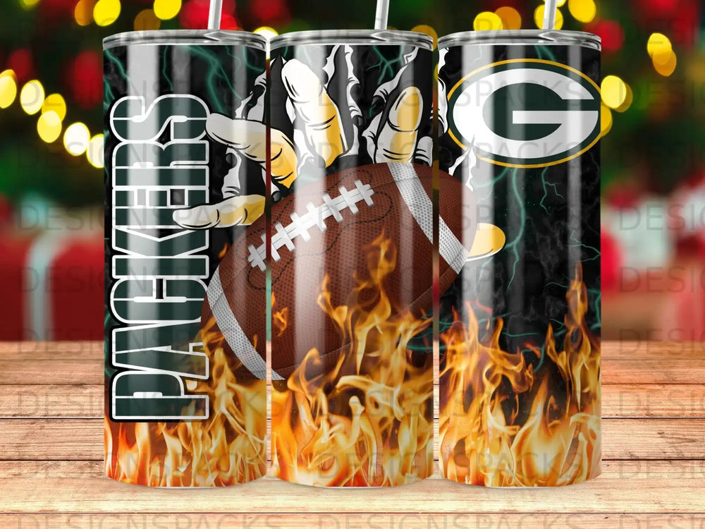 Green Bay Packers football tumbler with team logo and fiery design.