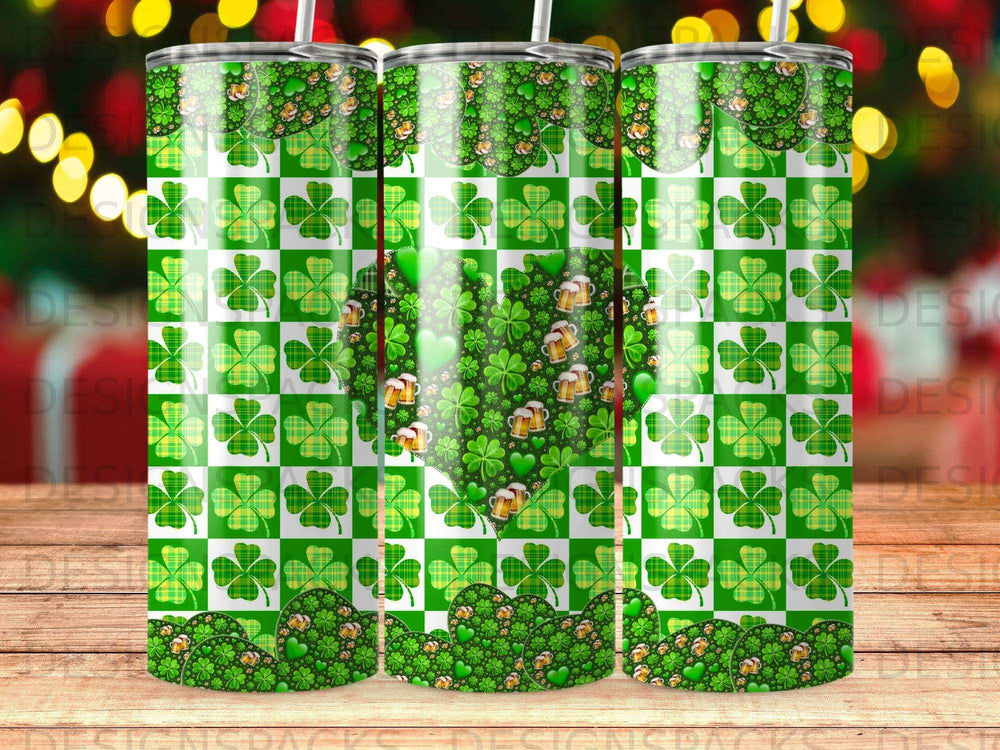 Green shamrock pattern tumbler with heart design and beer mugs.