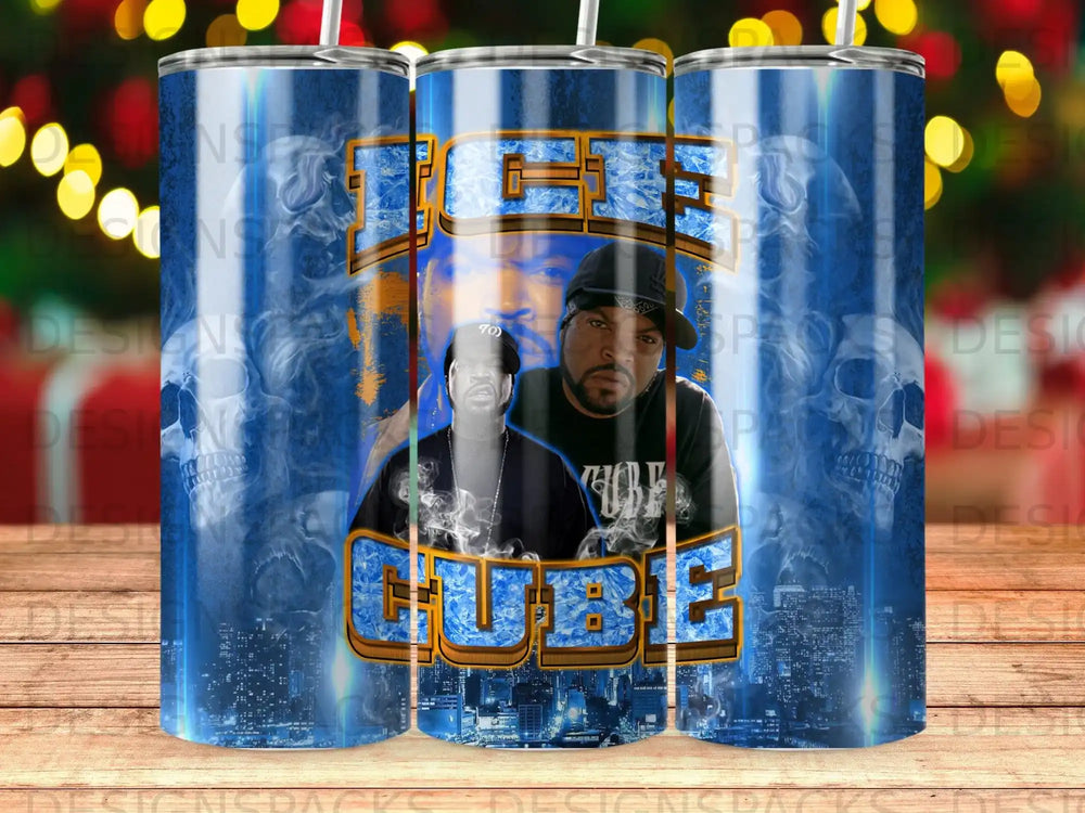 Ice Cube with skulls and city skyline on a blue, textured background.