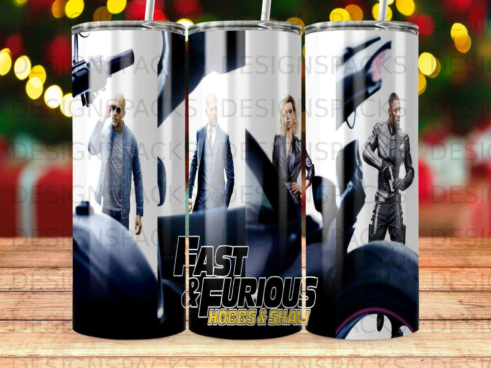 Fast & Furious Hobbs & Shaw tumbler with character silhouettes.
