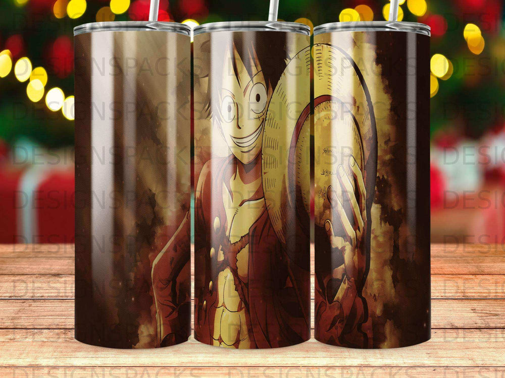 Monkey D. Luffy from One Piece holding his straw hat on a tumbler.