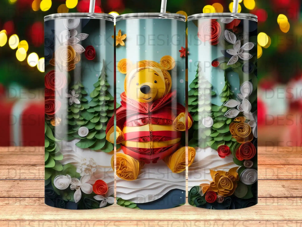 Winnie the Pooh in a red and yellow striped sweater sits in a snowy forest scene.