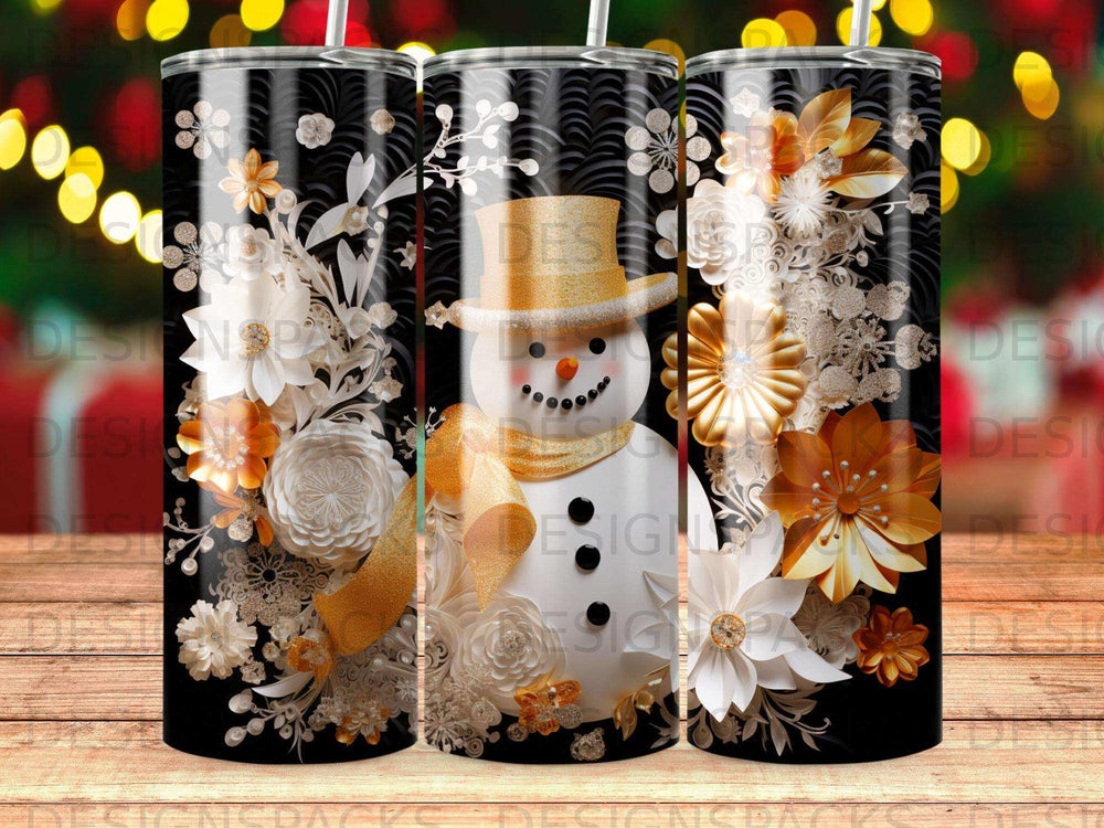 Snowman in top hat and scarf with floral accents on a black background.