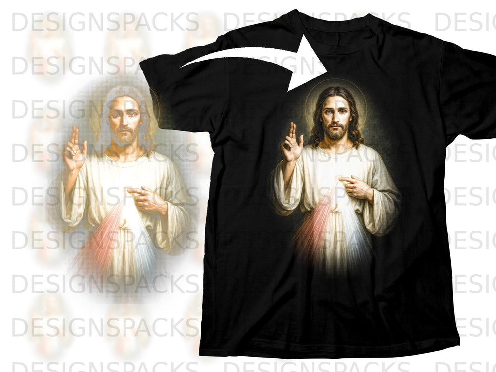 Black t-shirt featuring a Divine Mercy image of Jesus with a golden halo.