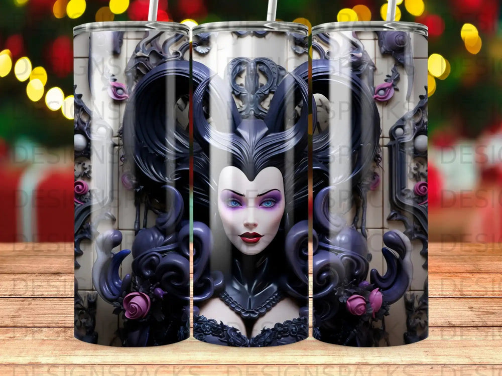 Gothic queen with purple eyes and ornate black armor on a tumbler.