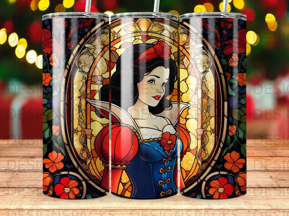 Snow White in stained glass with floral border on a tumbler.