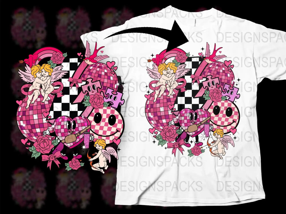 Unique Angel Graphic T-Shirt, Checkerboard Heart Design, Pink Roses, Fashion Streetwear Style, Gift for Teens