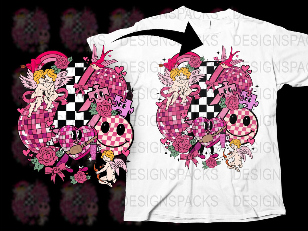 Unique Angel Graphic T-Shirt, Checkerboard Heart Design, Pink Roses, Fashion Streetwear Style, Gift for Teens