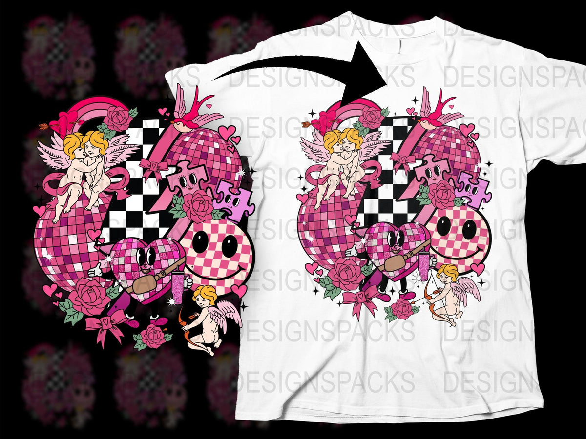 Unique Angel Graphic T-Shirt, Checkerboard Heart Design, Pink Roses, Fashion Streetwear Style, Gift for Teens