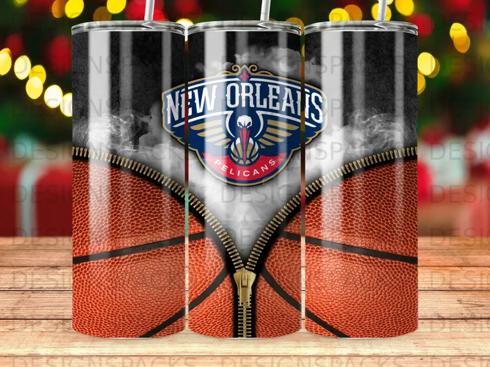 New Orleans Pelicans basketball design on a zippered tumbler.