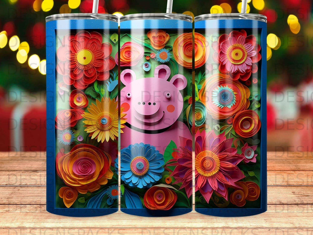 Pink pig surrounded by colorful paper flowers on a blue background.