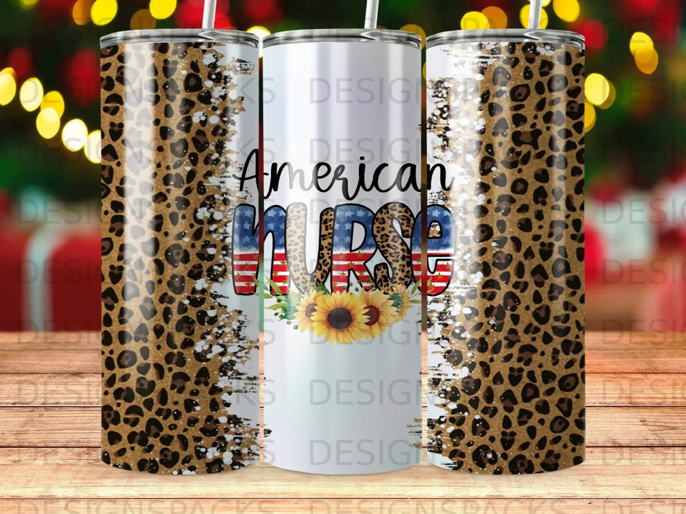 Tumbler with leopard print, American nurse text, and sunflowers.
