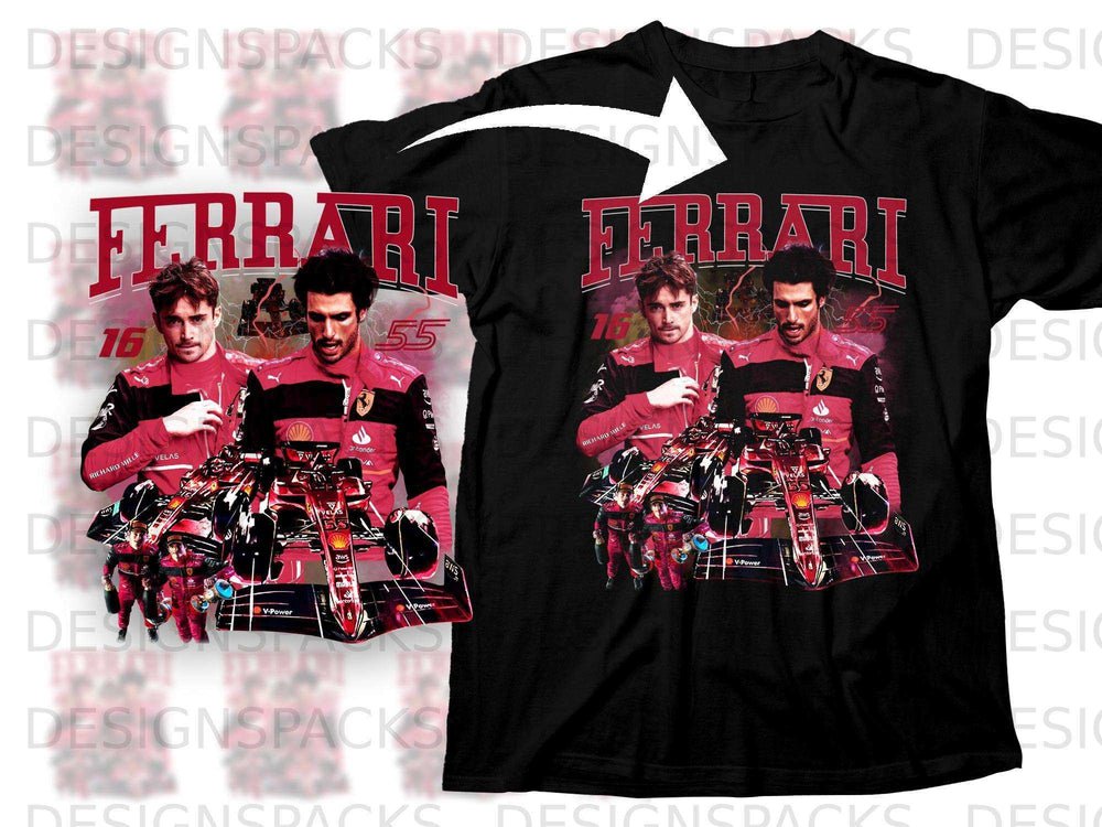 Ferrari team and race car graphic on a black t-shirt.