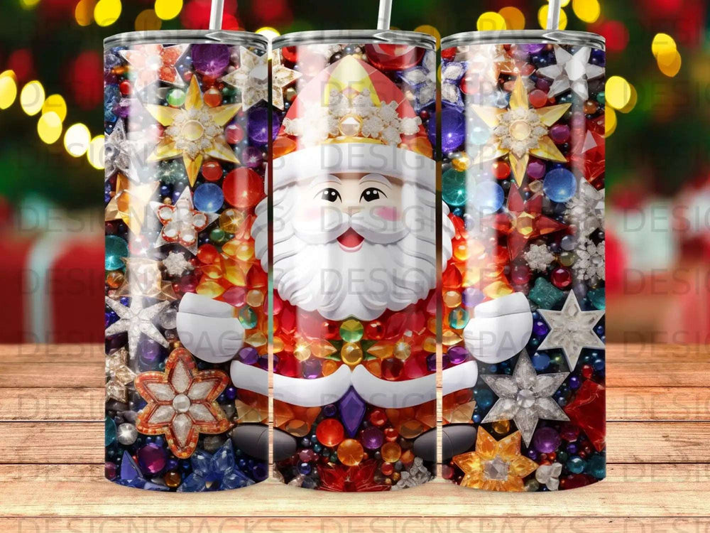 Santa Claus on a tumbler with colorful gems and stars.