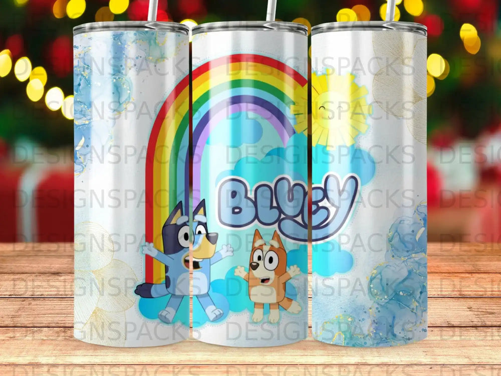 Bluey and Bingo characters on a rainbow background with blue swirls.