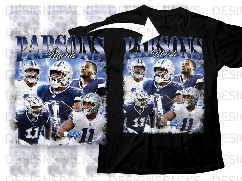 Dallas Cowboys players Micah Parsons and teammates in action with lightning background.
