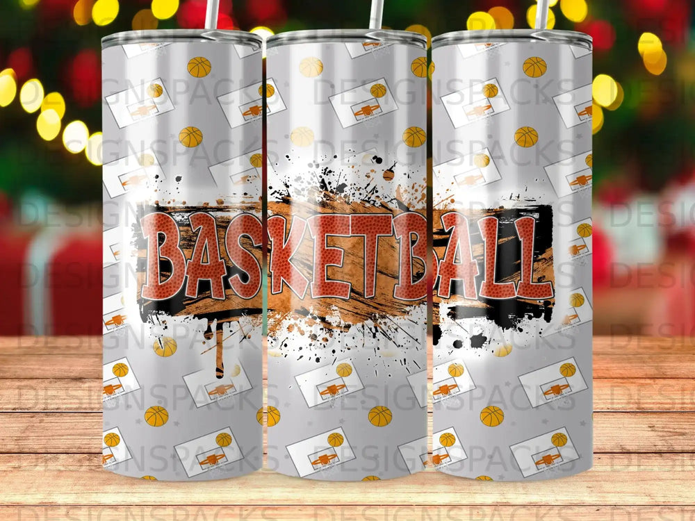 Tumbler with "BASKETBALL" text and basketball graphics on a gray background.