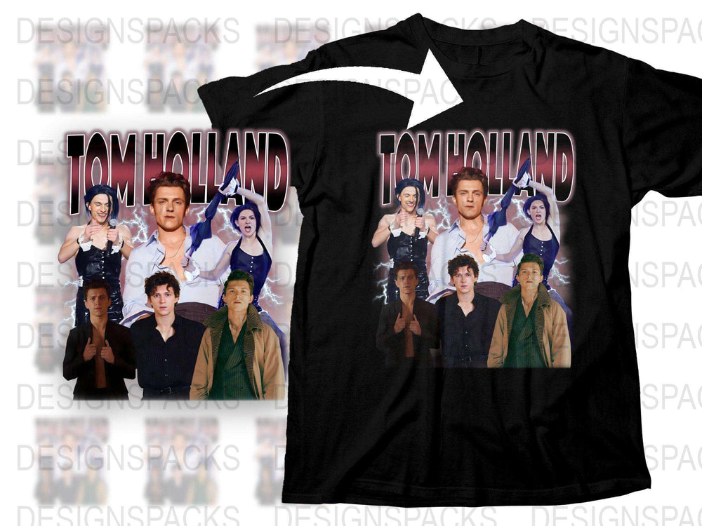 Tom Holland Graphic T-Shirt, Movie Star Photo Collage, Fan Merchandise, Unisex Black Tee, Casual Wear, Multiple Sizes Available