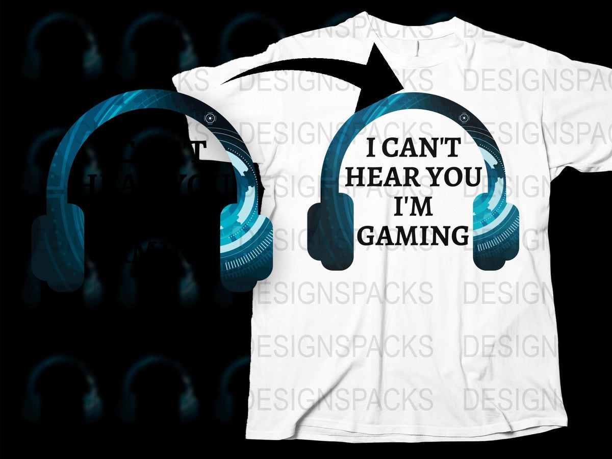 Gaming T-Shirt 'I Can't Hear You I'm Gaming' Funny Gamer Tee, White Unisex Shirt with Headphones Graphic