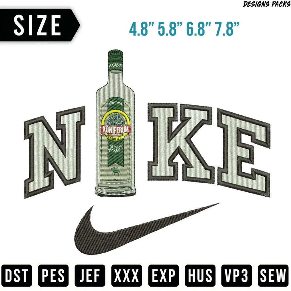 Nike logo embroidery pattern with bottle of Koniferum botanical liqueur.