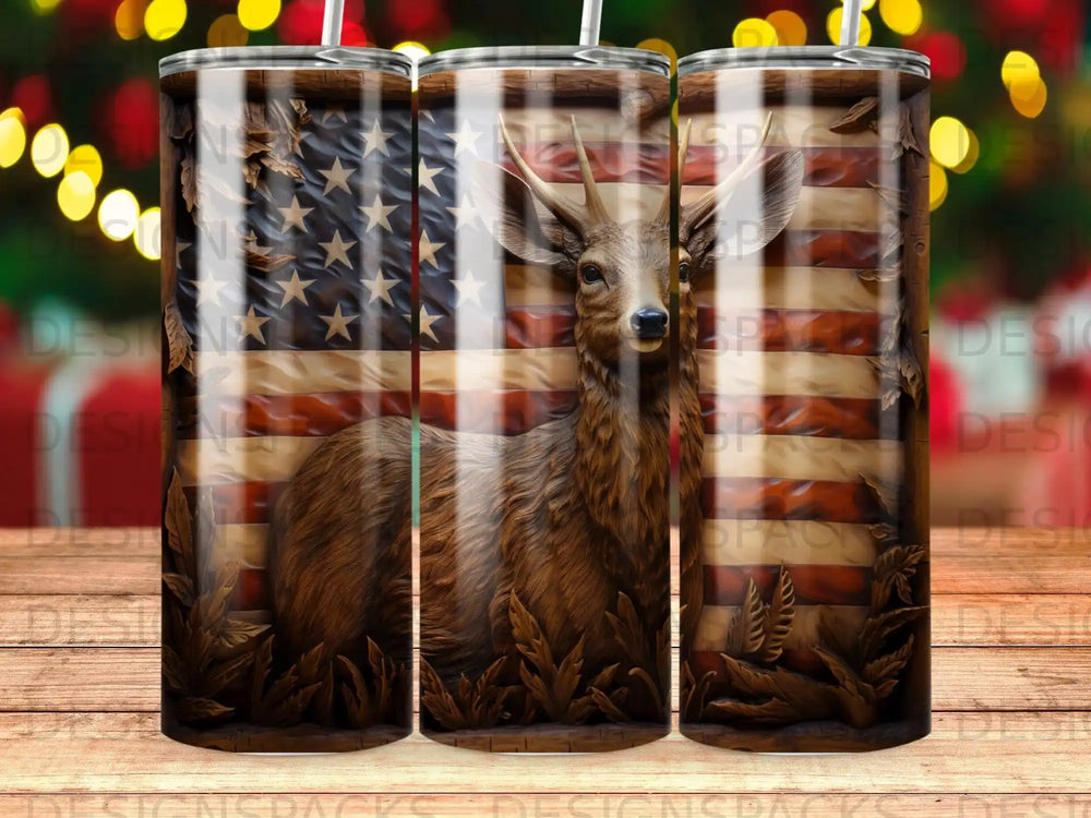 Deer silhouette against American flag and wood grain texture.