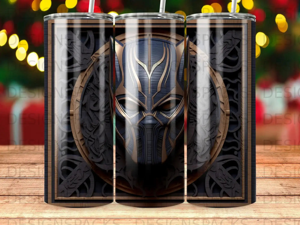 Black Panther mask on a dark wood textured tumbler.