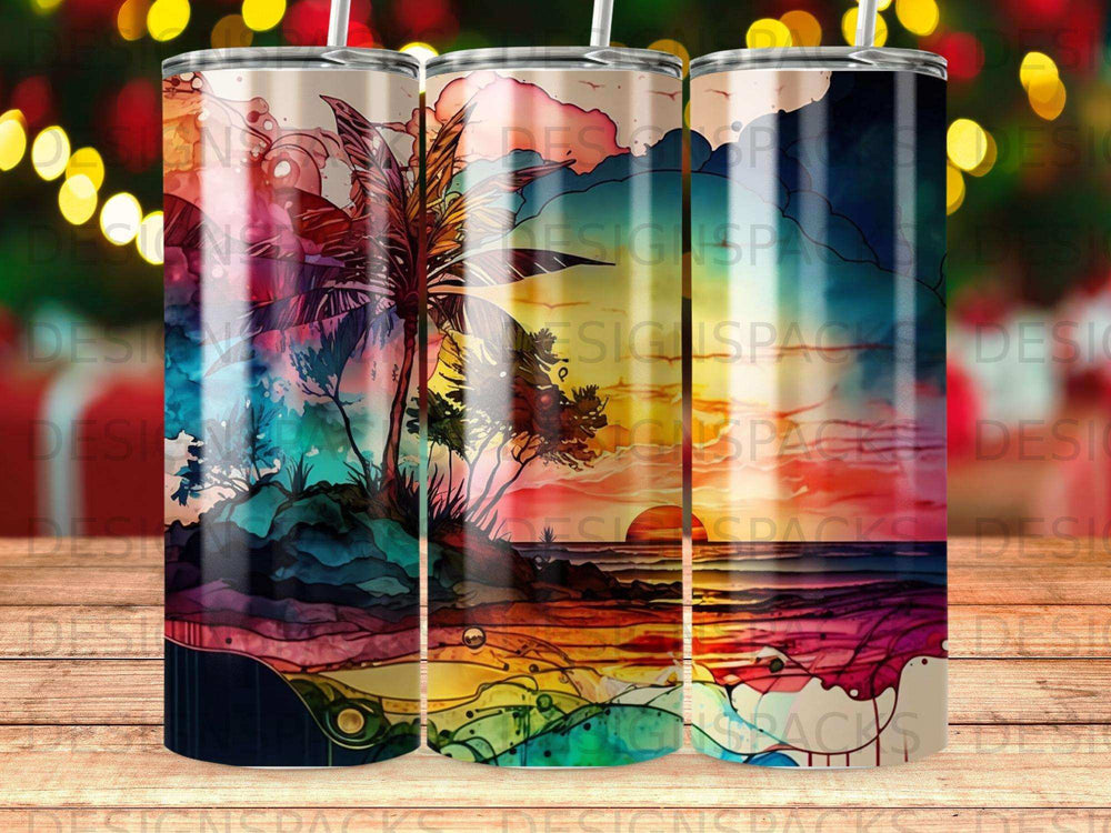 Tropical sunset over ocean with palm trees, vibrant abstract art design on tumbler.