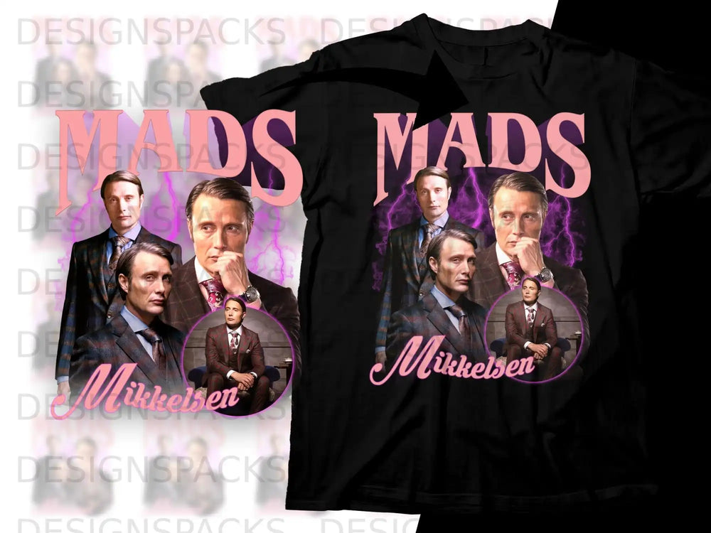 Mads Mikkelsen collage t-shirt with "Mads Mikkelsen" text.