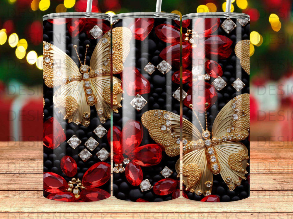 Gold butterflies with red jewels and diamonds on black.