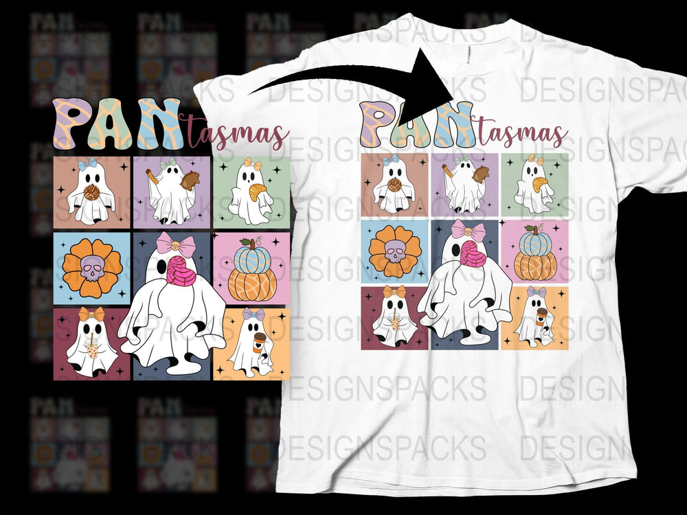 Cute Ghosts Pattern T-Shirt, Halloween Spooky Cartoon Ghosts, Fun Holiday Graphic Tee for Kids and Adults