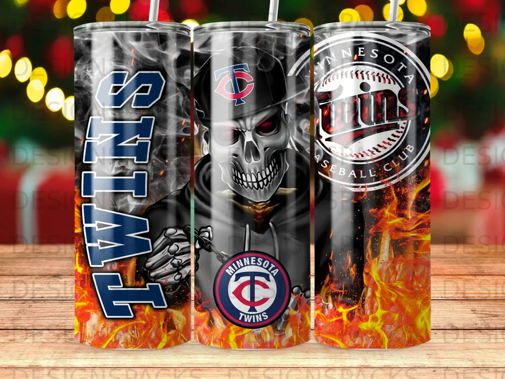 Minnesota Twins tumbler with flaming skull graphic and team logo.
