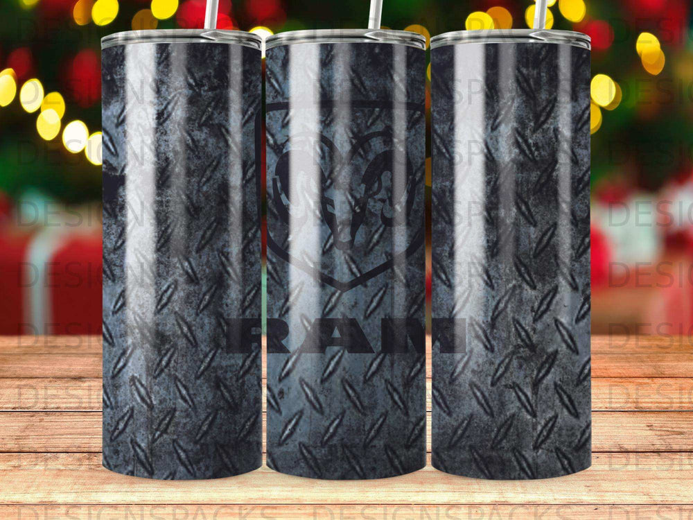 Stainless steel tumbler with repeating Ram logo and diamond plate texture.