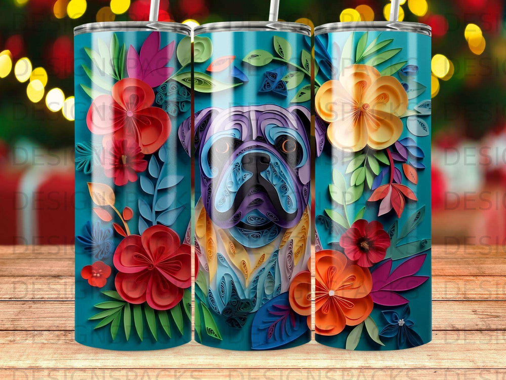 Pug surrounded by colorful paper flowers on a teal background.