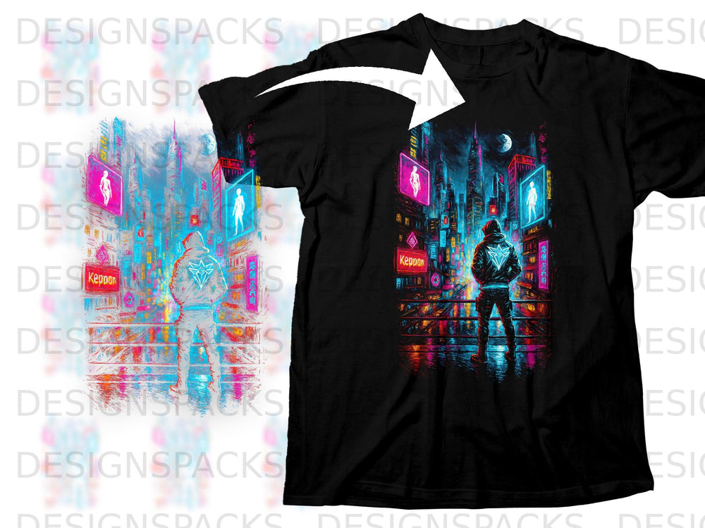 Black t-shirt with a neon cyberpunk city scene featuring a figure in the foreground.
