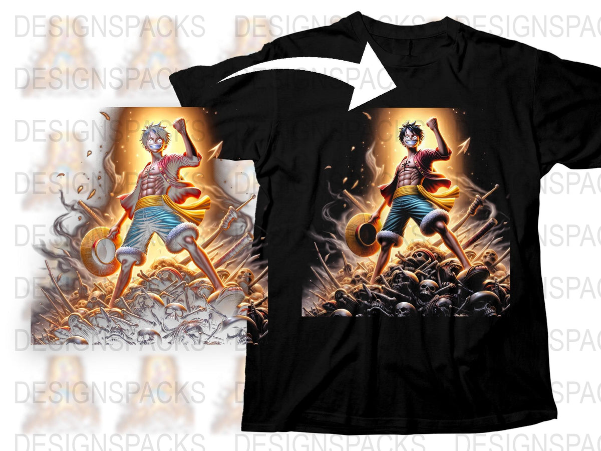 Men's Graphic T-Shirt with Warrior Design, Fire Background, Battle Scene, Anime Style Black Tee