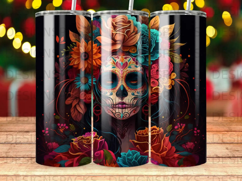 Sugar skull woman with flowers, vibrant colors, dark background, multiple tumblers.