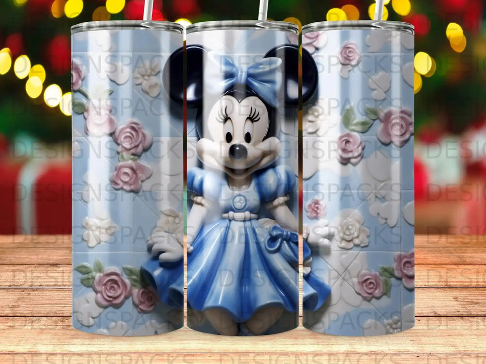 Minnie Mouse in a blue dress with a bow, holding her hands at her waist.