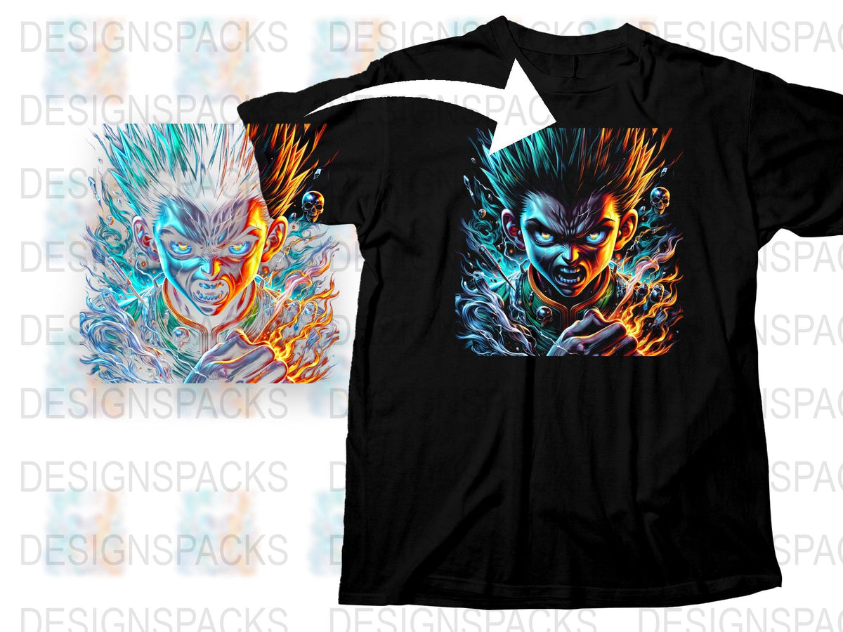 Men's Graphic T-Shirt, Blue and Orange Flame Design, Cool Fire Demon Print, Casual Streetwear Style, Unique Art Tee