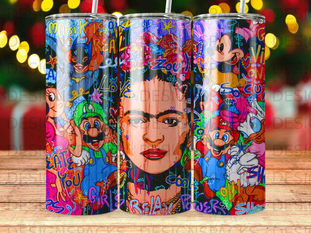 Frida Kahlo portrait surrounded by colorful cartoon characters.