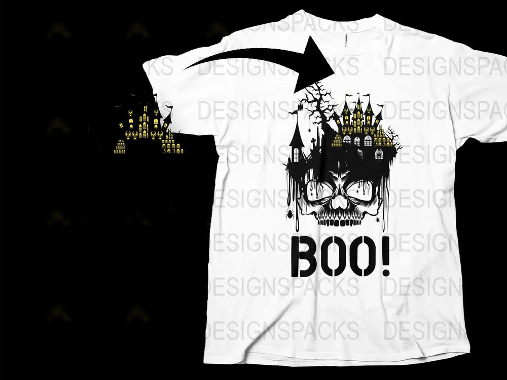 Halloween Boo T-Shirt, Spooky Ghost and Haunted House Graphic Tee, Black and White, Unisex Adult Halloween Costume Shirt