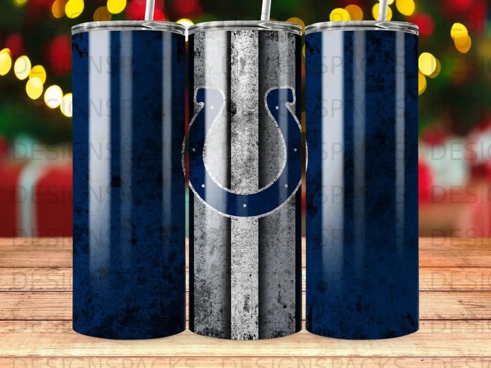 Indianapolis Colts logo on distressed blue and white striped tumbler with straw.