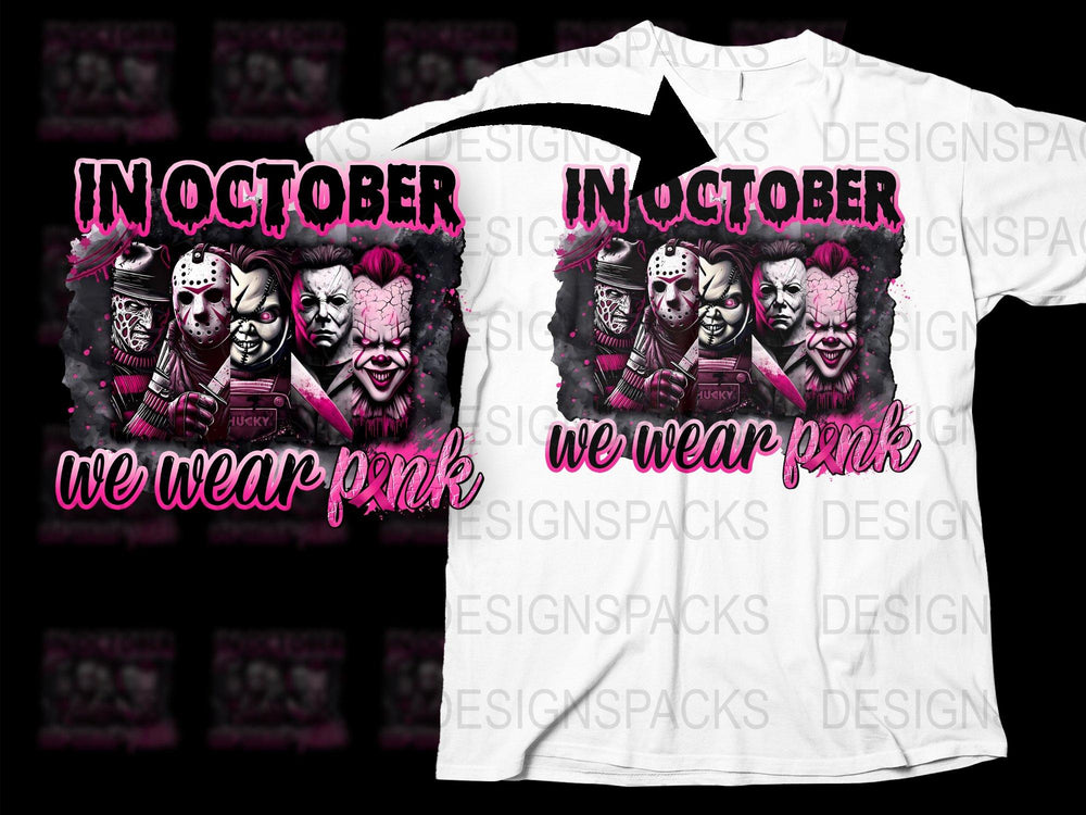 October Horror Movie Characters Themed T-Shirt, Pink Bold Text, Unique Graphic Tee Design for Halloween