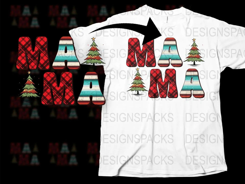Mama Christmas T-Shirt, Holiday Family Matching Tees, Festive Mom Apparel with Trees and Gifts Design